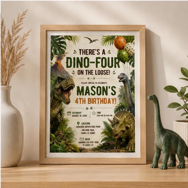 Editable Dinosaur Birthday Invitation Canva Template, Boys Kids Dino Cute Modern Fun DIY Chic Teen Party Invite, Printable Digital Download.