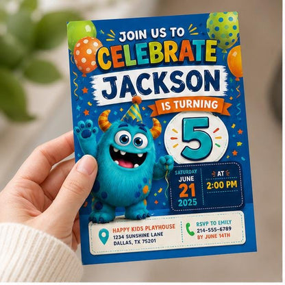 Editable Monster Birthday Invitation Canva Template, Boys Kids Cute Modern Fun DIY Sweet Chic Teen Party Invite, Printable Digital Download.