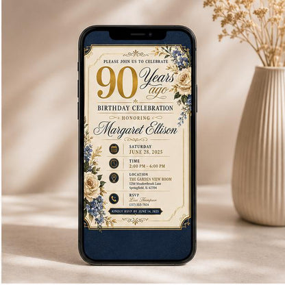 Editable 90th Birthday Invitation Canva Template, Adult Cute Modern Fun Themed DIY Sweet Chic Kids Party Invite, Printable Digital Download.