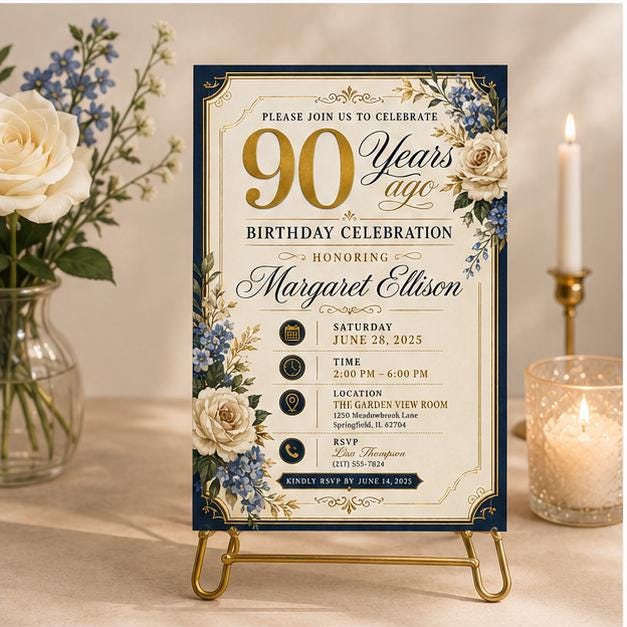 Editable 90th Birthday Invitation Canva Template, Adult Cute Modern Fun Themed DIY Sweet Chic Kids Party Invite, Printable Digital Download.
