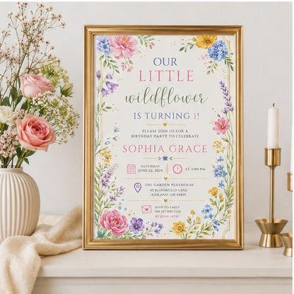 Editable Wildflower Birthday Invitation Canva Template, Floral Girls Kids Cute Modern Fun DIY Chic Party Invite, Printable Digital Download.
