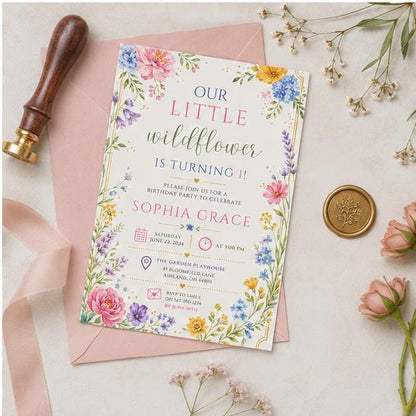 Editable Wildflower Birthday Invitation Canva Template, Floral Girls Kids Cute Modern Fun DIY Chic Party Invite, Printable Digital Download.