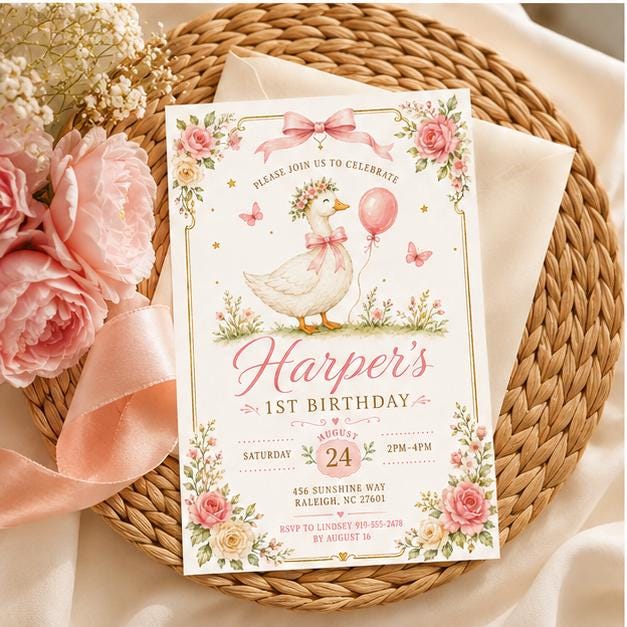 Editable Silly Goose Birthday Invitation Canva Template, Girls Kids Cute Modern Fun DIY Sweet Chic Party Invite, Printable Digital Download.