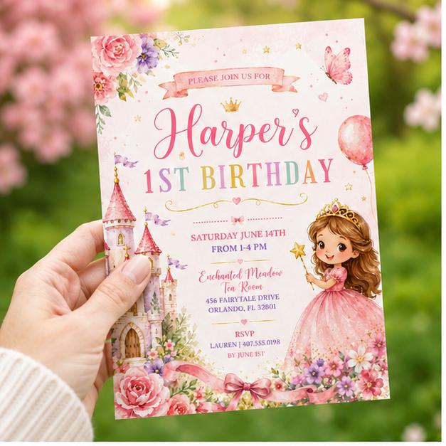 Editable Princess Birthday Invitation Canva Template, Girls Kids Cute Modern Fun Themed Custom DIY Party Invite, Printable Digital Download.