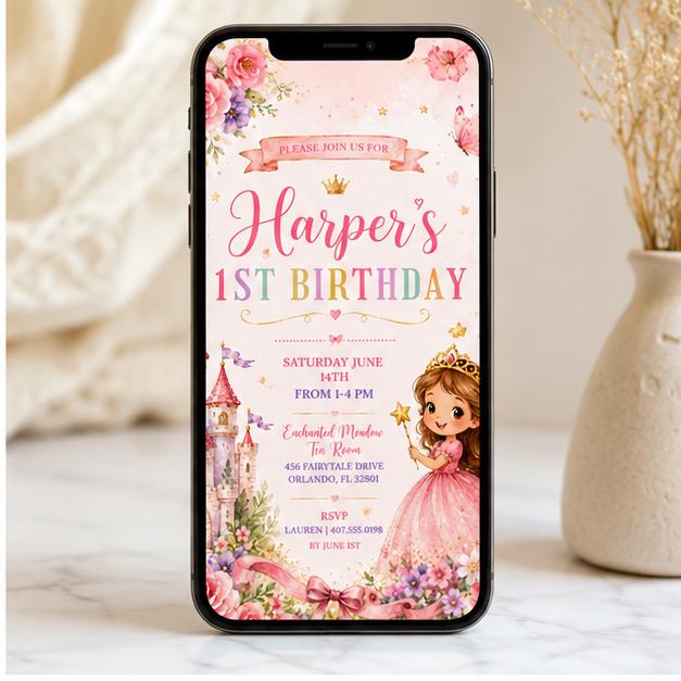 Editable Princess Birthday Invitation Canva Template, Girls Kids Cute Modern Fun Themed Custom DIY Party Invite, Printable Digital Download.