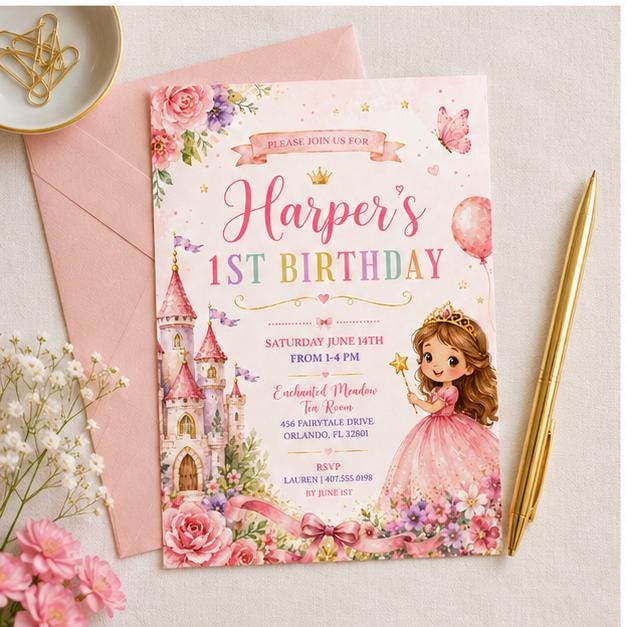 Editable Princess Birthday Invitation Canva Template, Girls Kids Cute Modern Fun Themed Custom DIY Party Invite, Printable Digital Download.