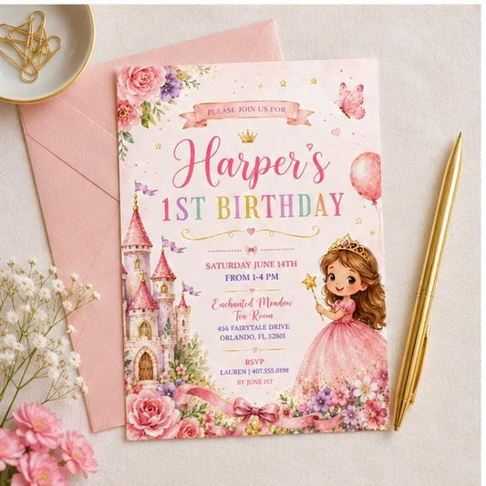 Editable Princess Birthday Invitation Canva Template, Girls Kids Cute Modern Fun Themed Custom DIY Party Invite, Printable Digital Download.