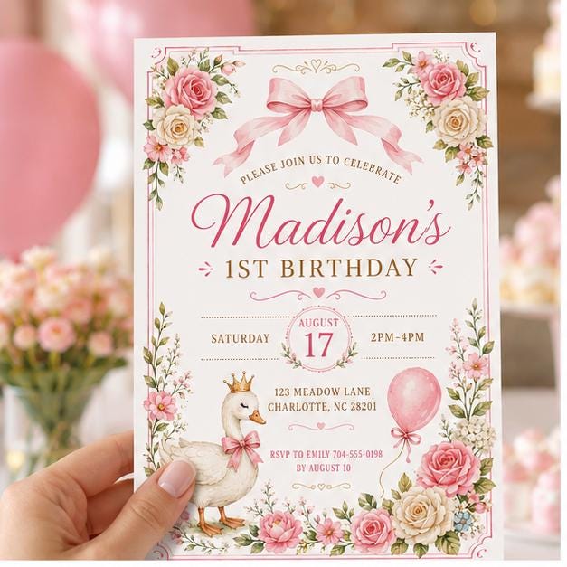Editable Pink Bow Birthday Invitation Canva Template, Luxury Girls Kids Bow Cute Fun DIY Chic Teen Party Invite, Printable Digital Download.