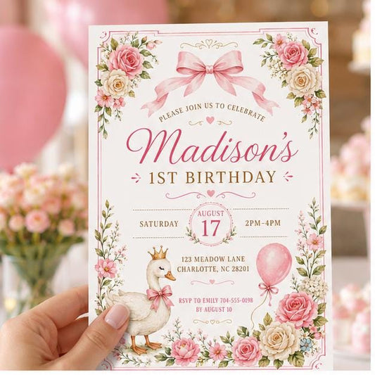Editable Pink Bow Birthday Invitation Canva Template, Luxury Girls Kids Bow Cute Fun DIY Chic Teen Party Invite, Printable Digital Download.