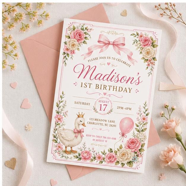 Editable Pink Bow Birthday Invitation Canva Template, Luxury Girls Kids Bow Cute Fun DIY Chic Teen Party Invite, Printable Digital Download.