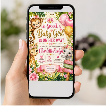 Editable Floral Baby Shower Invitation Canva Template, Pink Green Girls Kids Floral Modern Fun DIY Party Invite, Printable Digital Download.