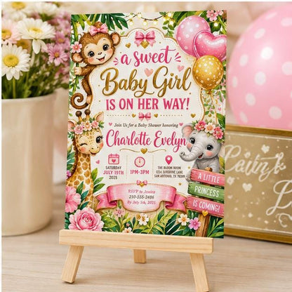 Editable Floral Baby Shower Invitation Canva Template, Pink Green Girls Kids Floral Modern Fun DIY Party Invite, Printable Digital Download.