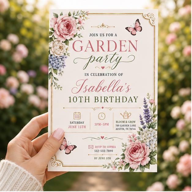 Editable Garden Birthday Invitation Canva Template, Floral Girls Cute Fun DIY Sweet Chic Kids Teen Party Invite, Printable Digital Download.