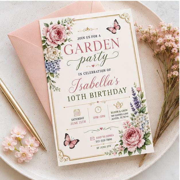 Editable Garden Birthday Invitation Canva Template, Floral Girls Cute Fun DIY Sweet Chic Kids Teen Party Invite, Printable Digital Download.