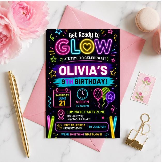 Editable Neon Glow Birthday Invitation Canva Template, Girls Teens Neon Cute Modern Fun Themed DIY Party Invite, Printable Digital Download.