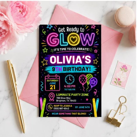 Editable Neon Glow Birthday Invitation Canva Template, Girls Teens Neon Cute Modern Fun Themed DIY Party Invite, Printable Digital Download.