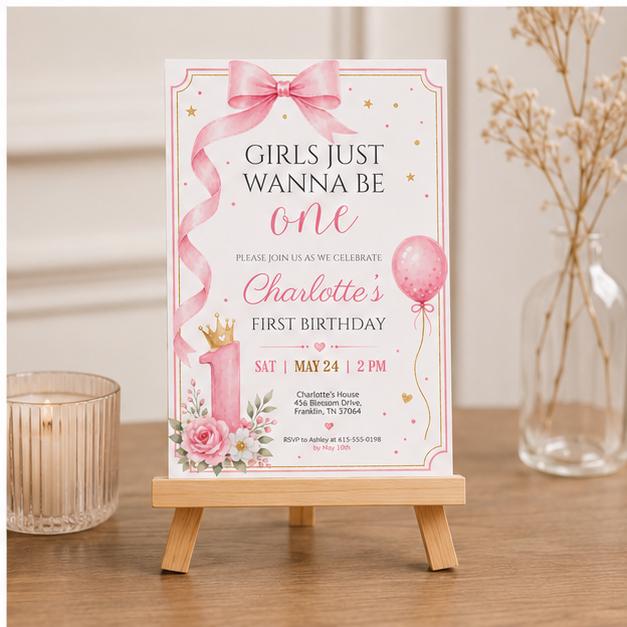 Editable Pink Bow Birthday Invitation Canva Template, Luxury Girls Kids Bow Cute Fun DIY Chic Teen Party Invite, Printable Digital Download.