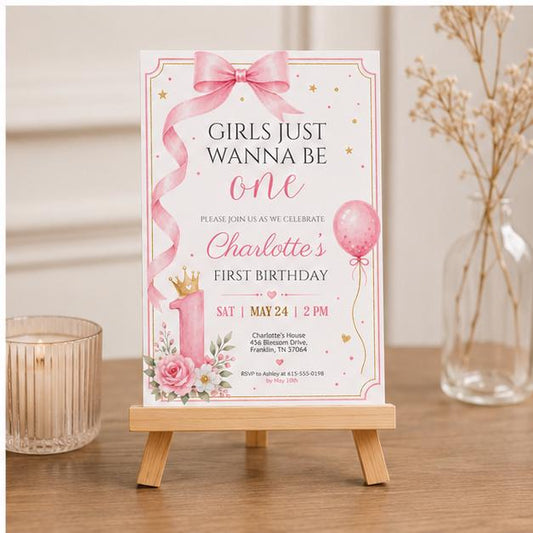 Editable Pink Bow Birthday Invitation Canva Template, Luxury Girls Kids Bow Cute Fun DIY Chic Teen Party Invite, Printable Digital Download.