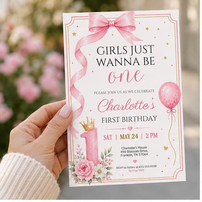 Editable Pink Bow Birthday Invitation Canva Template, Luxury Girls Kids Bow Cute Fun DIY Chic Teen Party Invite, Printable Digital Download.