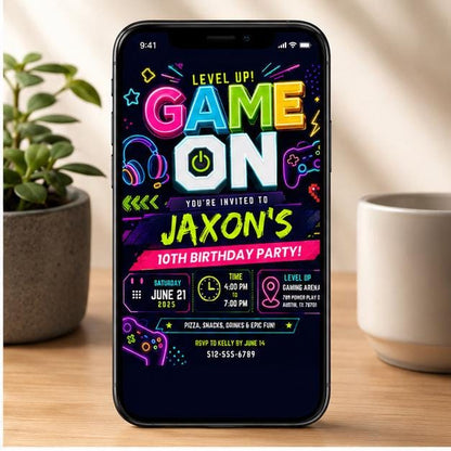 Editable Neon Glow Birthday Invitation Canva Template, Boys Neon Cute Fun DIY Sweet Chic Kids Teen Party Invite, Printable Digital Download.