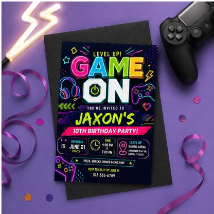 Editable Neon Glow Birthday Invitation Canva Template, Boys Neon Cute Fun DIY Sweet Chic Kids Teen Party Invite, Printable Digital Download.