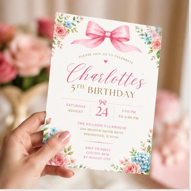 Editable Floral Birthday Invitation Canva Template, Pink Blush Boho Girls Kids Floral Cute Fun DIY Party Invite, Printable Digital Download.