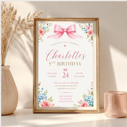 Editable Floral Birthday Invitation Canva Template, Pink Blush Boho Girls Kids Floral Cute Fun DIY Party Invite, Printable Digital Download.