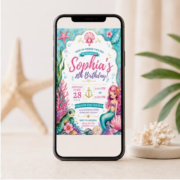 Editable Coastal Birthday Invitation Canva Template, Blue White Girls Teens Cute Fun DIY Chic Kids Party Invite, Printable Digital Download.
