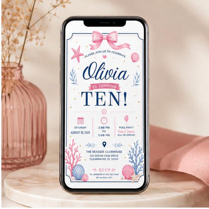 Editable Pool Birthday Invitation Canva Template, Pink Girls Teens Bow Cute Fun DIY Chic Kids Teen Party Invite, Printable Digital Download.