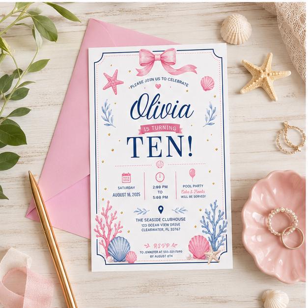 Editable Pool Birthday Invitation Canva Template, Pink Girls Teens Bow Cute Fun DIY Chic Kids Teen Party Invite, Printable Digital Download.