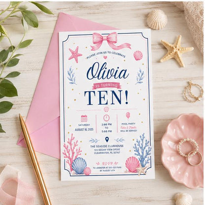 Editable Pool Birthday Invitation Canva Template, Pink Girls Teens Bow Cute Fun DIY Chic Kids Teen Party Invite, Printable Digital Download.