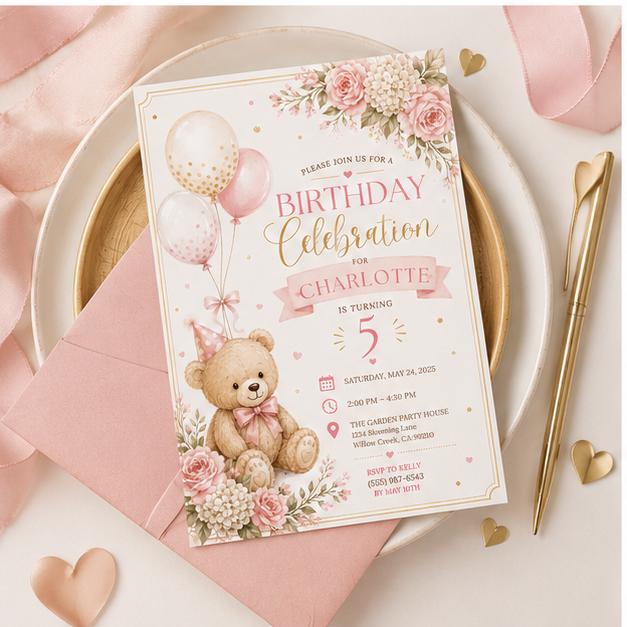 Editable Honey Bear Baby Shower Invitation Canva Template, Pink Girls Kids Bear Cute Fun DIY Sweet Party Invite, Printable Digital Download.