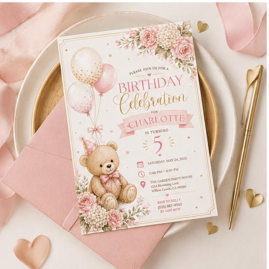 Editable Honey Bear Baby Shower Invitation Canva Template, Pink Girls Kids Bear Cute Fun DIY Sweet Party Invite, Printable Digital Download.
