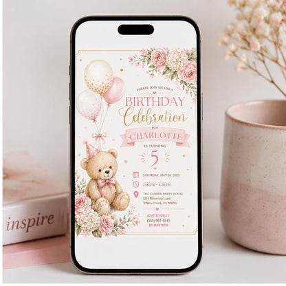Editable Honey Bear Baby Shower Invitation Canva Template, Pink Girls Kids Bear Cute Fun DIY Sweet Party Invite, Printable Digital Download.