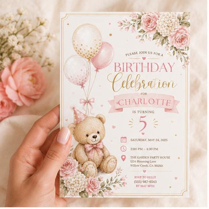 Editable Honey Bear Baby Shower Invitation Canva Template, Pink Girls Kids Bear Cute Fun DIY Sweet Party Invite, Printable Digital Download.