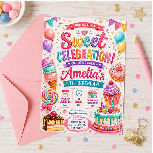 Editable Sweet Treats Birthday Invitation Canva Template, Cream Girls Kids Sweet Cute Fun DIY Chic Party Invite, Printable Digital Download.