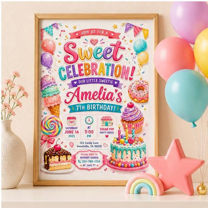 Editable Sweet Treats Birthday Invitation Canva Template, Cream Girls Kids Sweet Cute Fun DIY Chic Party Invite, Printable Digital Download.