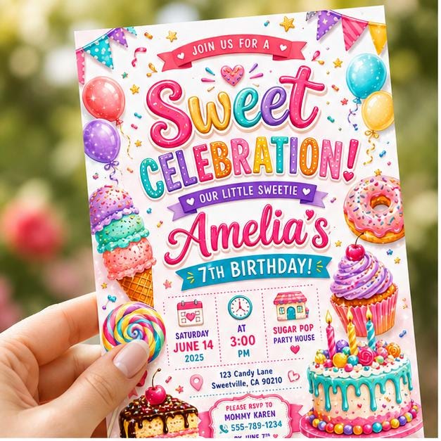 Editable Sweet Treats Birthday Invitation Canva Template, Cream Girls Kids Sweet Cute Fun DIY Chic Party Invite, Printable Digital Download.