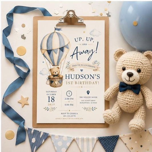 Editable Hot Air Balloon Birthday Invitation Canva Template, Blue Boys Kids Cute Fun DIY Chic Teen Party Invite, Printable Digital Download.