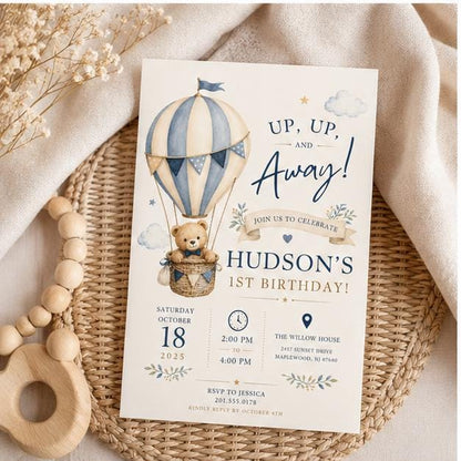 Editable Hot Air Balloon Birthday Invitation Canva Template, Blue Boys Kids Cute Fun DIY Chic Teen Party Invite, Printable Digital Download.