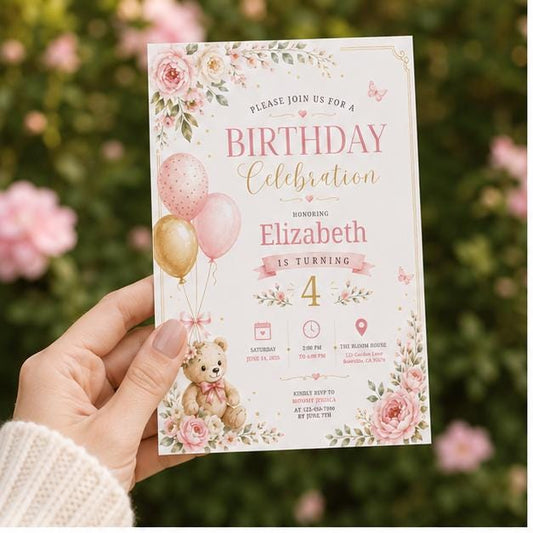 Editable Honey Bear Birthday Invitation Canva Template, Pink Cute Vintage Kids Bear Modern Fun DIY Party Invite, Printable Digital Download.