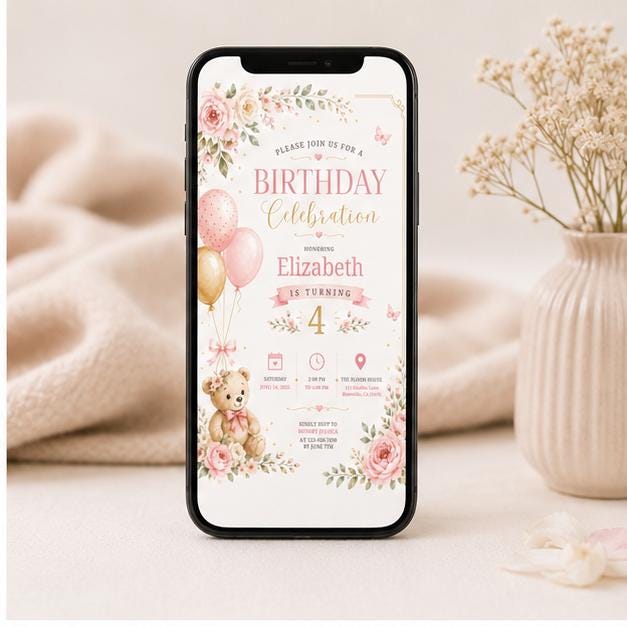 Editable Honey Bear Birthday Invitation Canva Template, Pink Cute Vintage Kids Bear Modern Fun DIY Party Invite, Printable Digital Download.