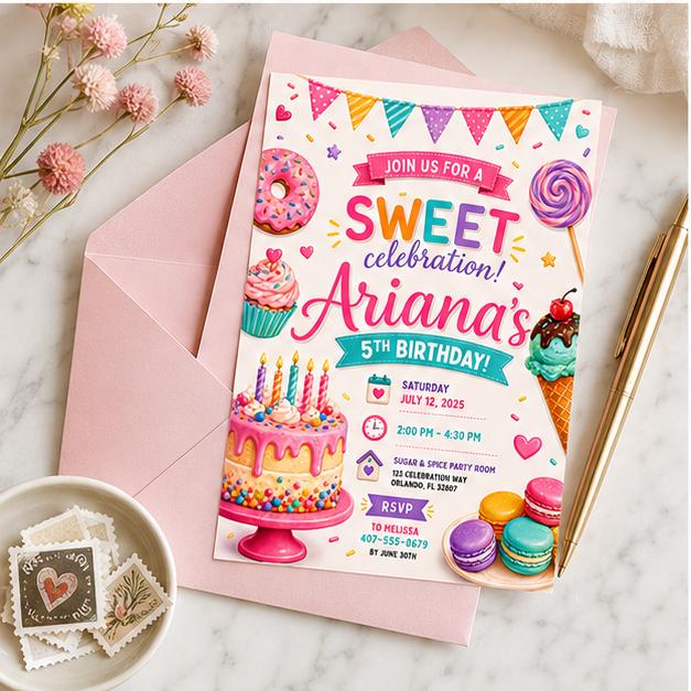 Editable Candy Birthday Invitation Canva Template, Cream Candy Cute Modern Fun DIY Sweet Chic Kids Party Invite, Printable Digital Download.