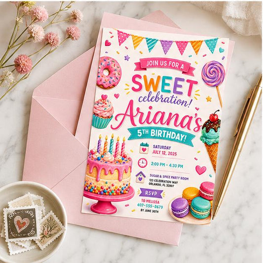 Editable Candy Birthday Invitation Canva Template, Cream Candy Cute Modern Fun DIY Sweet Chic Kids Party Invite, Printable Digital Download.