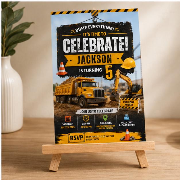 Editable Construction Birthday Invitation Canva Template, Modern Boys Kids Cute Fun DIY Sweet Chic Party Invite, Printable Digital Download.