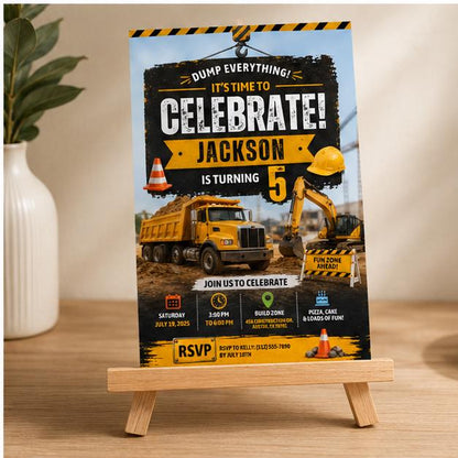 Editable Construction Birthday Invitation Canva Template, Modern Boys Kids Cute Fun DIY Sweet Chic Party Invite, Printable Digital Download.