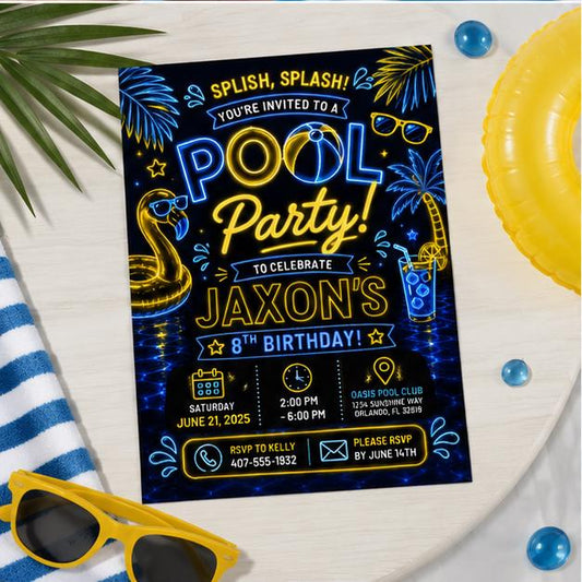 Editable Pool Birthday Invitation Canva Template, Pink Girls Teens Bow Cute Fun DIY Chic Kids Teen Party Invite, Printable Digital Download.