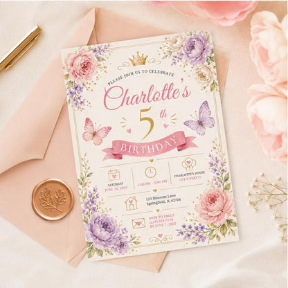 Editable Fairy Garden Birthday Invitation Canva Template, Pink Floral Girls Kids Cute Fun DIY Chic Party Invite, Printable Digital Download.
