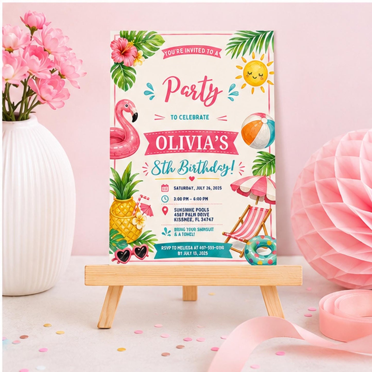 Editable Pool Party Invitation Canva Template, Pink Retro Preppy Girls Teens Pool Cute Modern Fun DIY Sweet Chic Printable Digital Download.