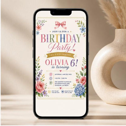 Editable Garden Birthday Invitation Canva Template, Pink Pastel Girls Kids Cute Fun DIY Sweet Chic Party Invite, Printable Digital Download.